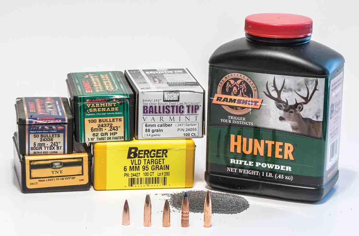 If loading for the .243 Winchester, Ramshot Hunter is a good powder choice that will often give good results with any bullet weight.